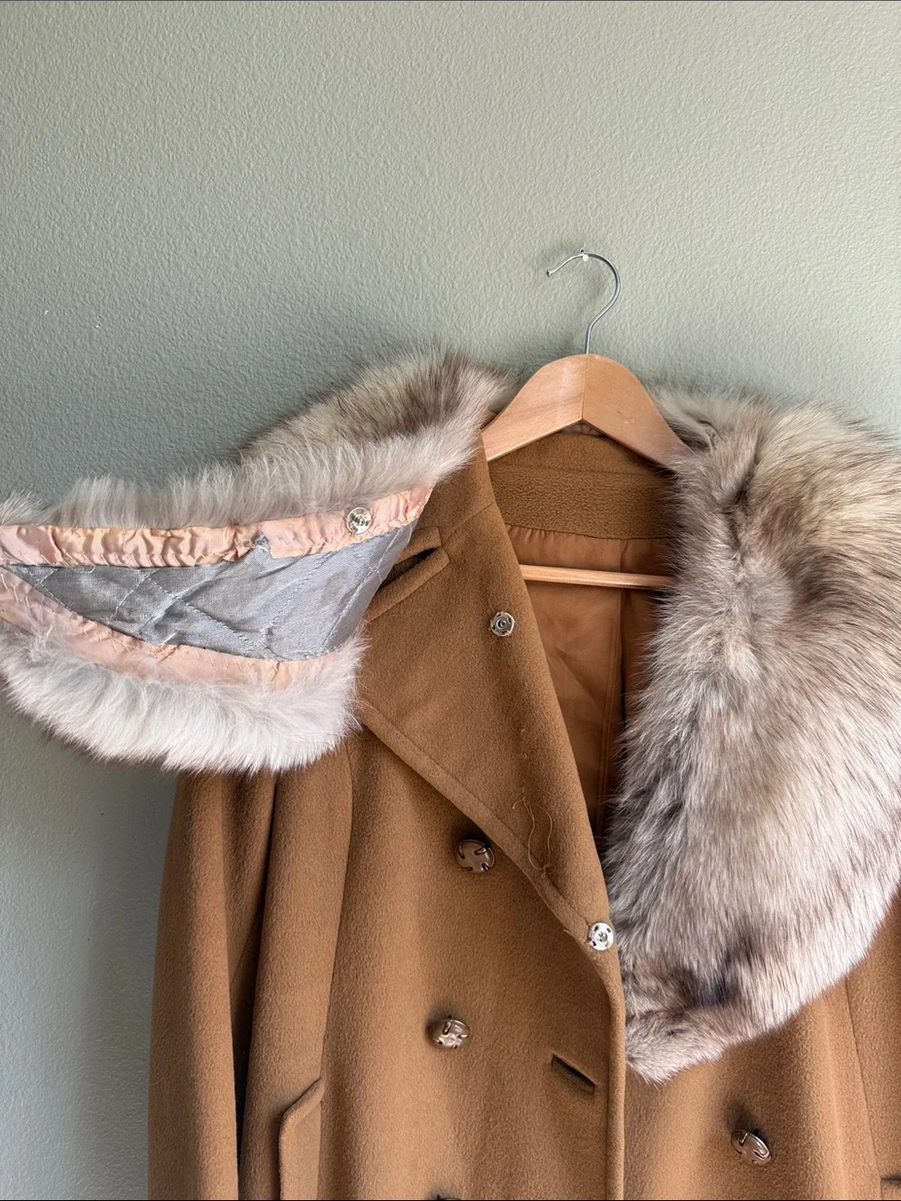 Womens Cashmere Double-Breasted Wool Pea Coat with Removable Fur Collar